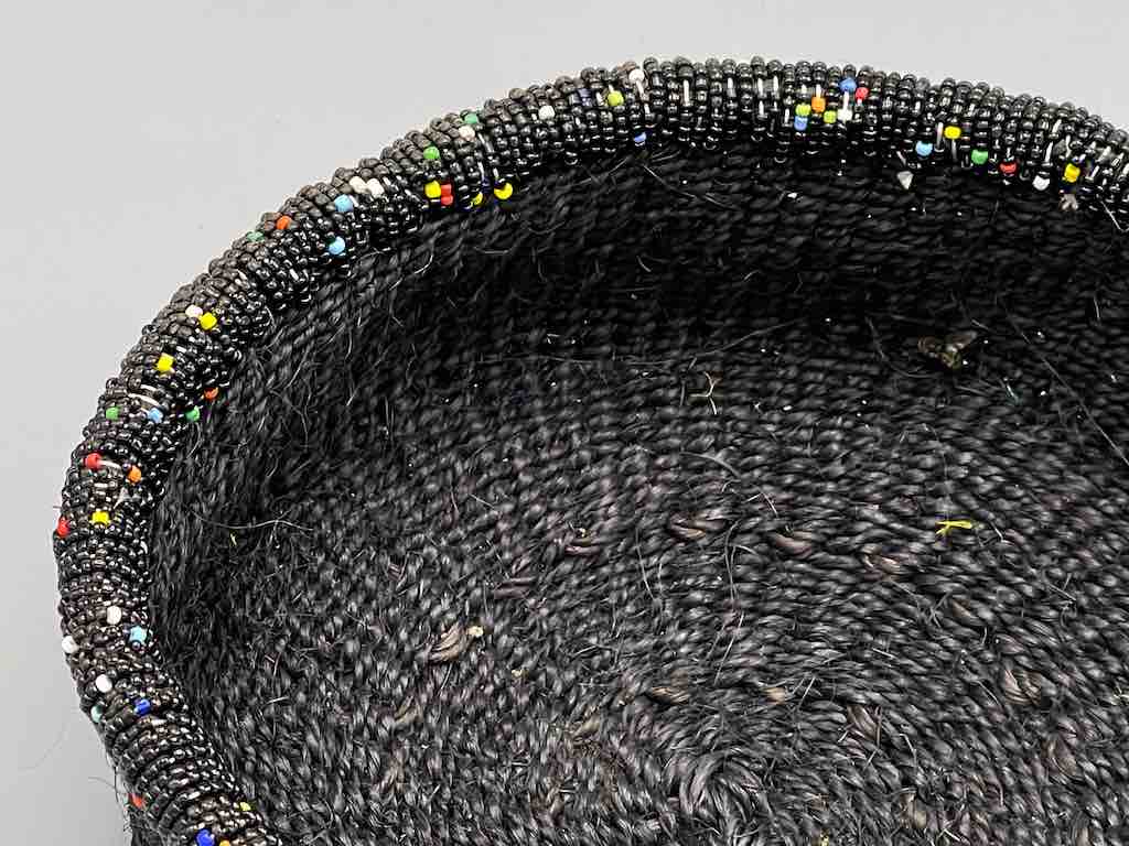 Black Bead Rim Shallow Black Sisal Round Basket - Kenya