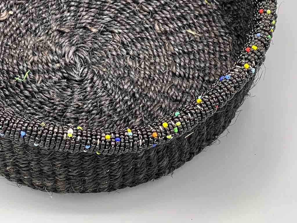 Black Bead Rim Shallow Black Sisal Round Basket - Kenya