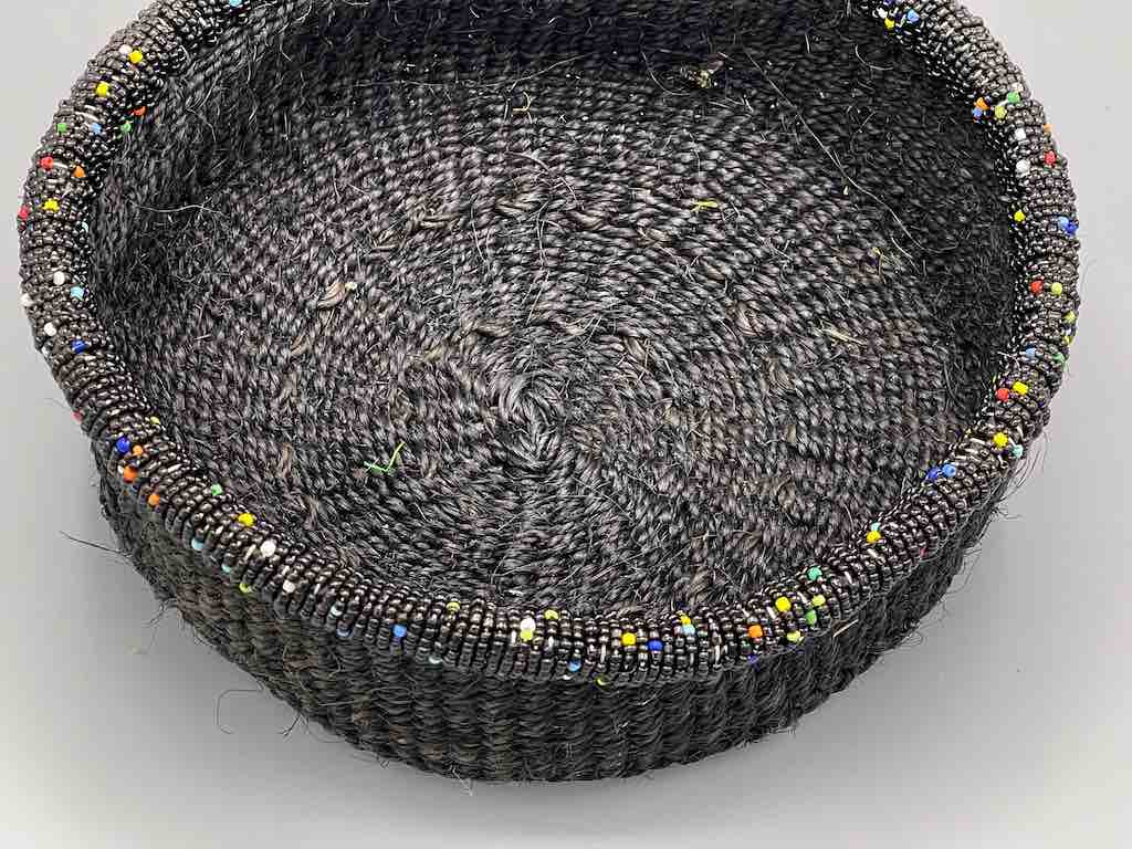 Black Bead Rim Shallow Black Sisal Round Basket - Kenya
