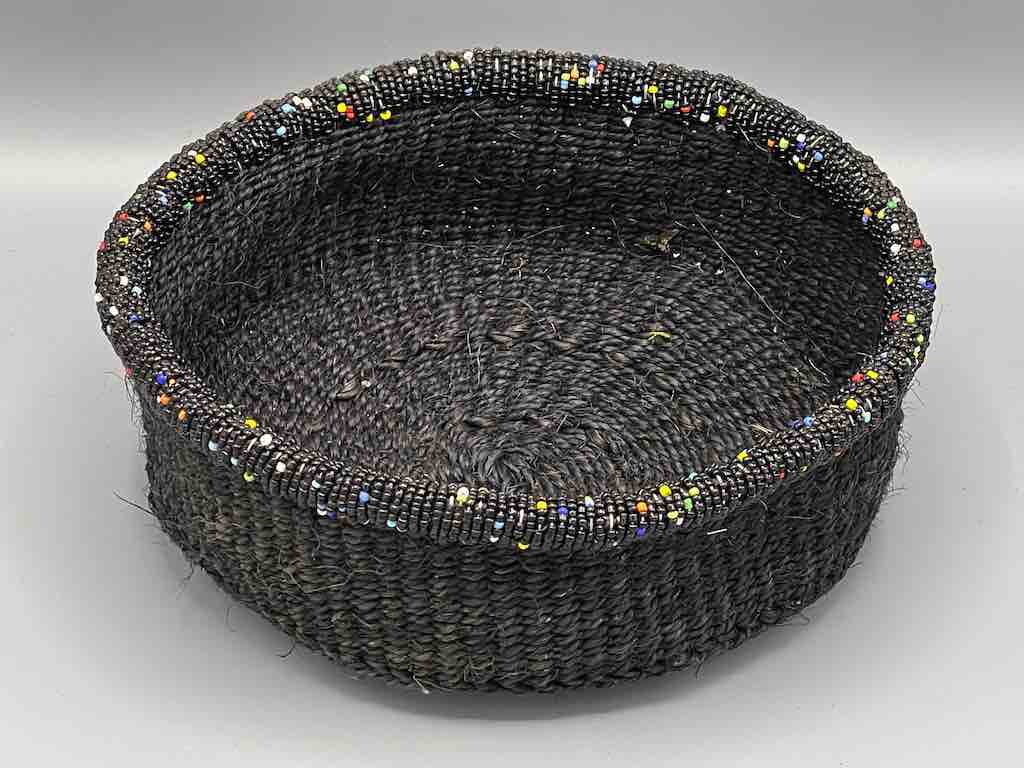 Black Bead Rim Shallow Black Sisal Round Basket - Kenya