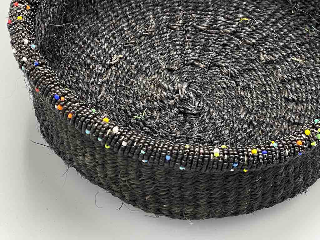 Black Bead Rim Shallow Black Sisal Round Basket - Kenya