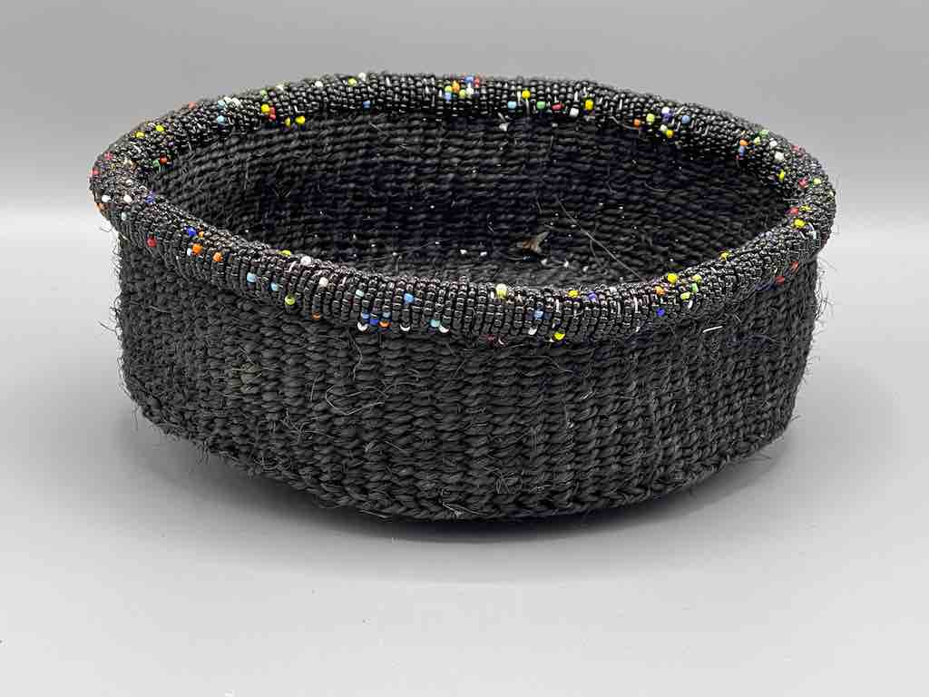 Black Bead Rim Shallow Black Sisal Round Basket - Kenya
