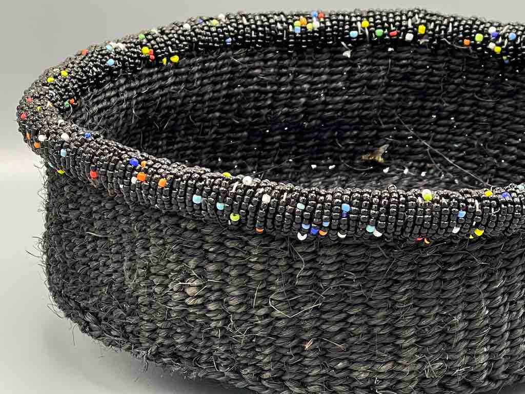 Black Bead Rim Shallow Black Sisal Round Basket - Kenya