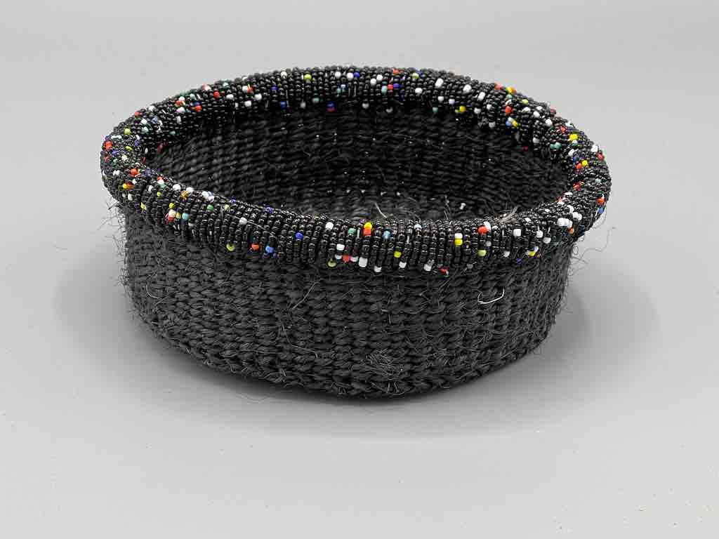 Black Bead Rim Shallow Black Sisal Round Basket - Kenya