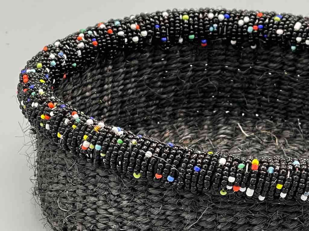 Black Bead Rim Shallow Black Sisal Round Basket - Kenya