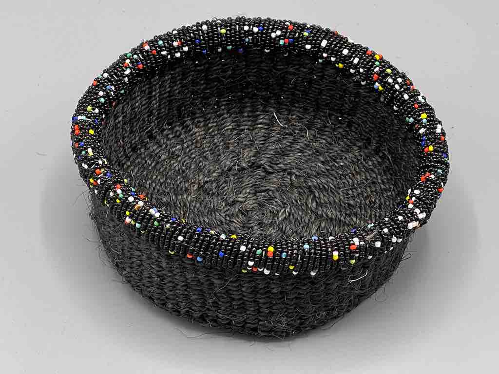 Black Bead Rim Shallow Black Sisal Round Basket - Kenya