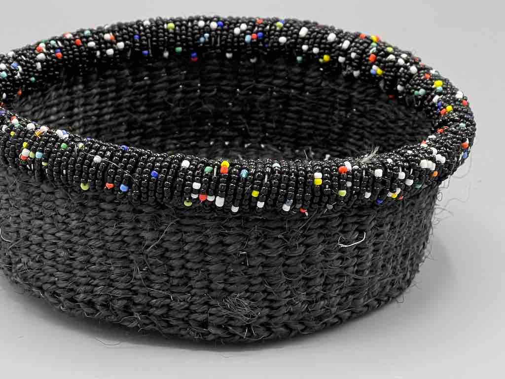 Black Bead Rim Shallow Black Sisal Round Basket - Kenya