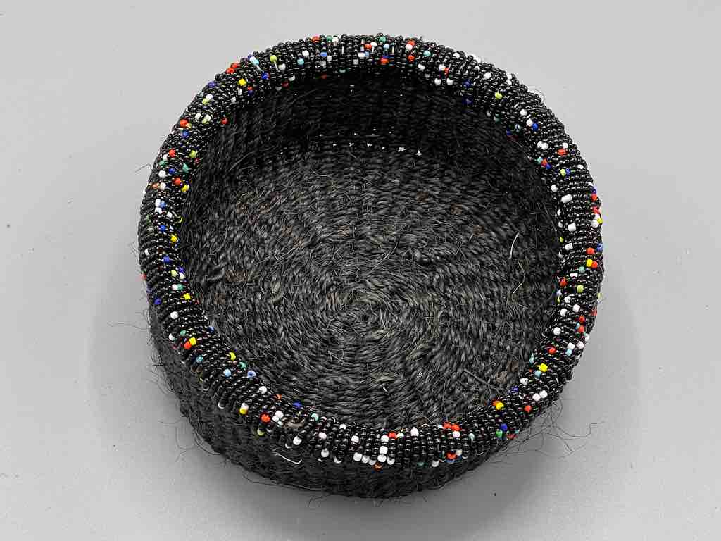 Black Bead Rim Shallow Black Sisal Round Basket - Kenya