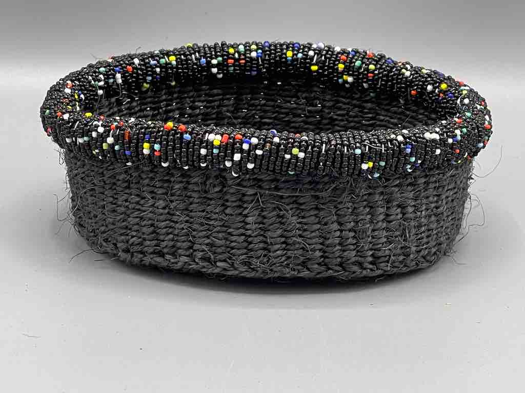 Black Bead Rim Shallow Black Sisal Round Basket - Kenya