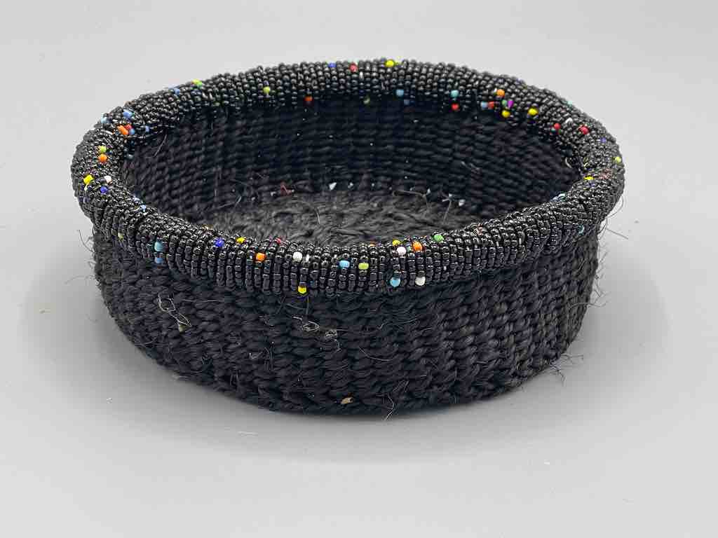 Black Bead Rim Shallow Black Sisal Round Basket - Kenya