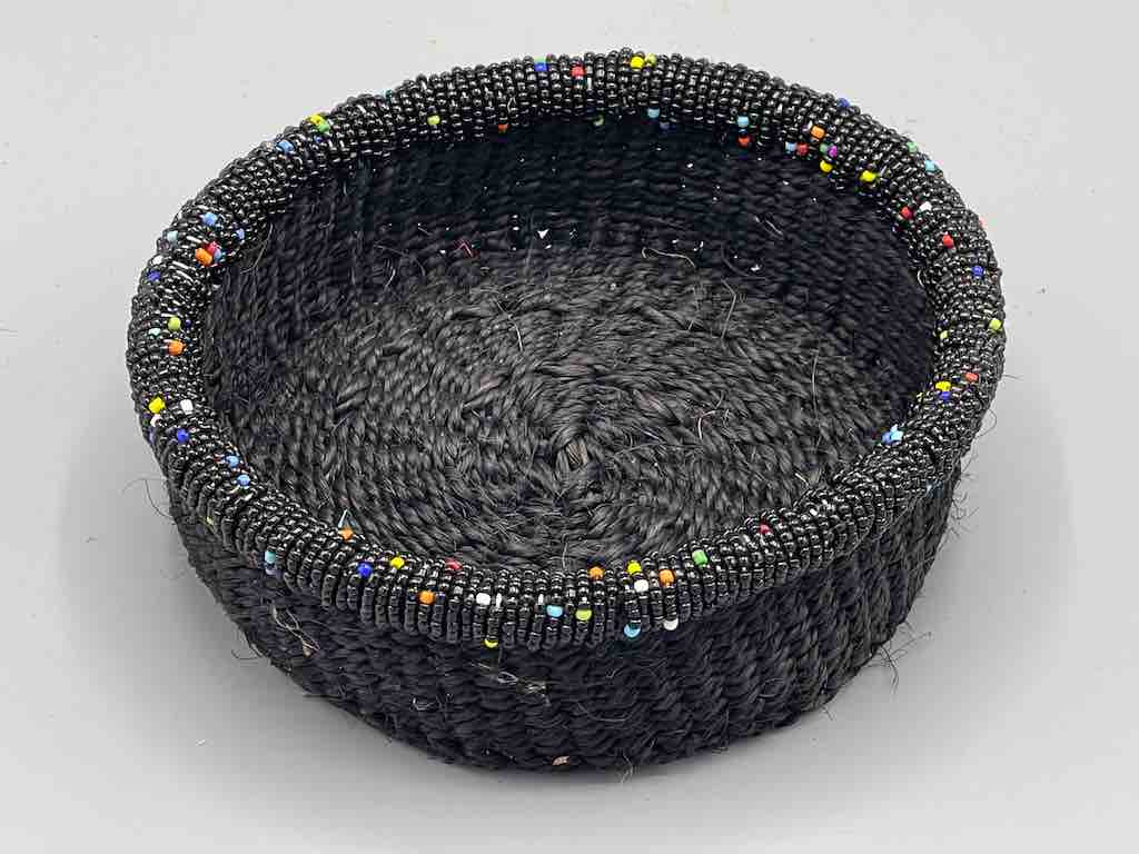 Black Bead Rim Shallow Black Sisal Round Basket - Kenya