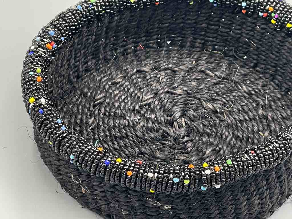 Black Bead Rim Shallow Black Sisal Round Basket - Kenya