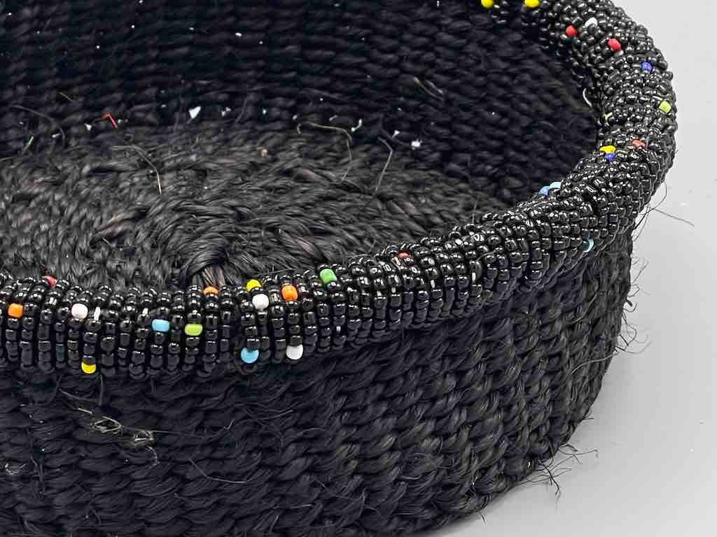 Black Bead Rim Shallow Black Sisal Round Basket - Kenya
