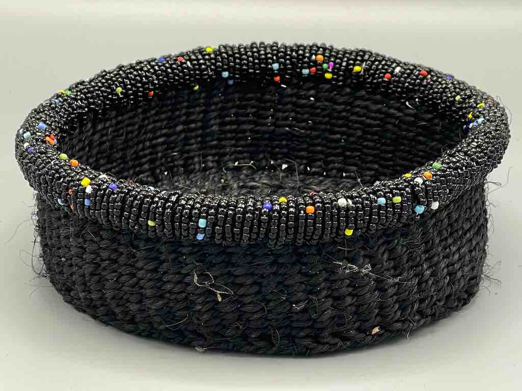 Black Bead Rim Shallow Black Sisal Round Basket - Kenya