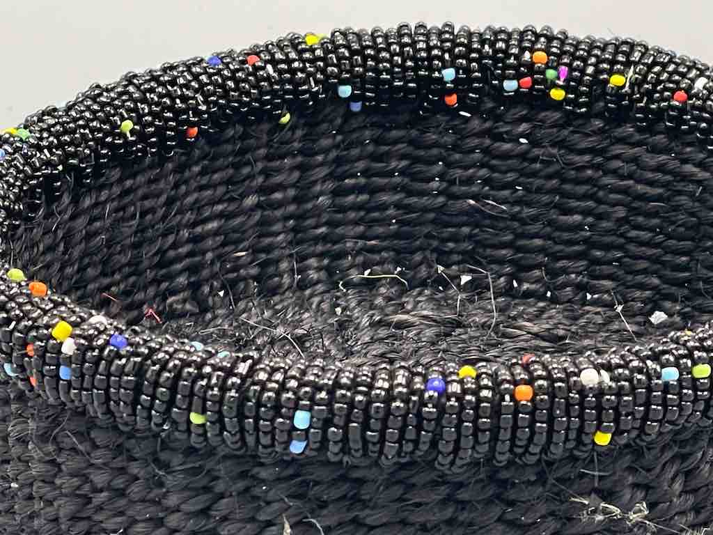 Black Bead Rim Shallow Black Sisal Round Basket - Kenya