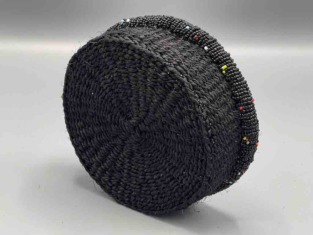 Black Bead Rim Shallow Black Sisal Round Basket - Kenya