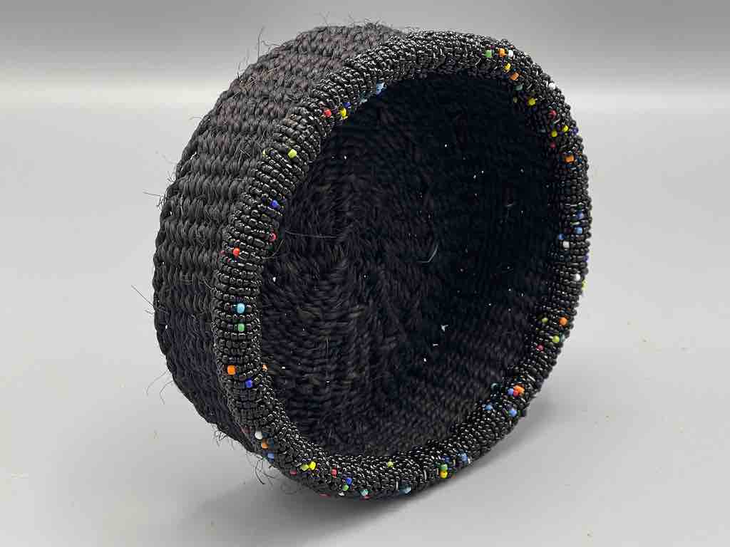 Black Bead Rim Shallow Black Sisal Round Basket - Kenya