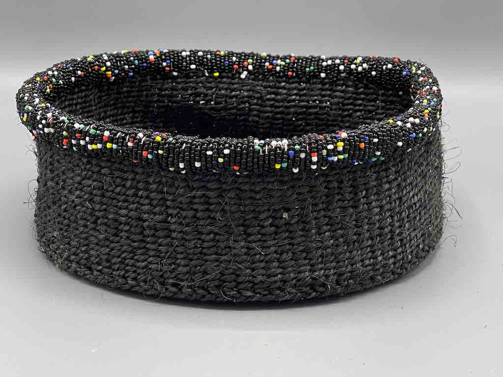 Black Bead Rim Shallow Black Sisal Round Basket - Kenya