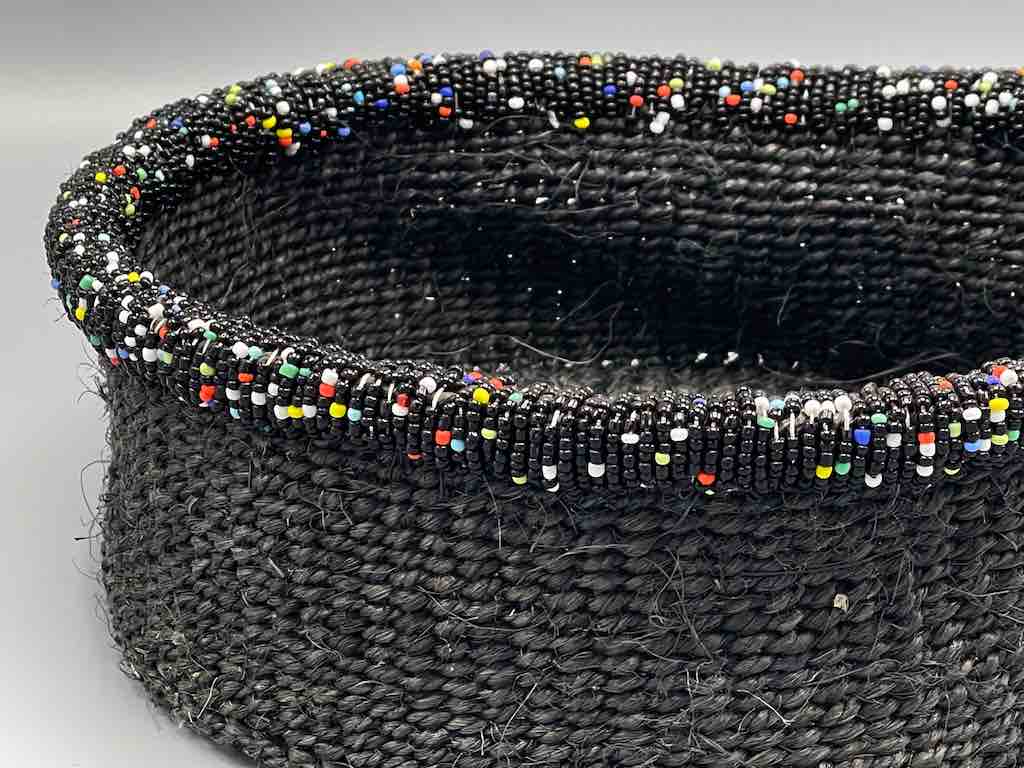 Black Bead Rim Shallow Black Sisal Round Basket - Kenya