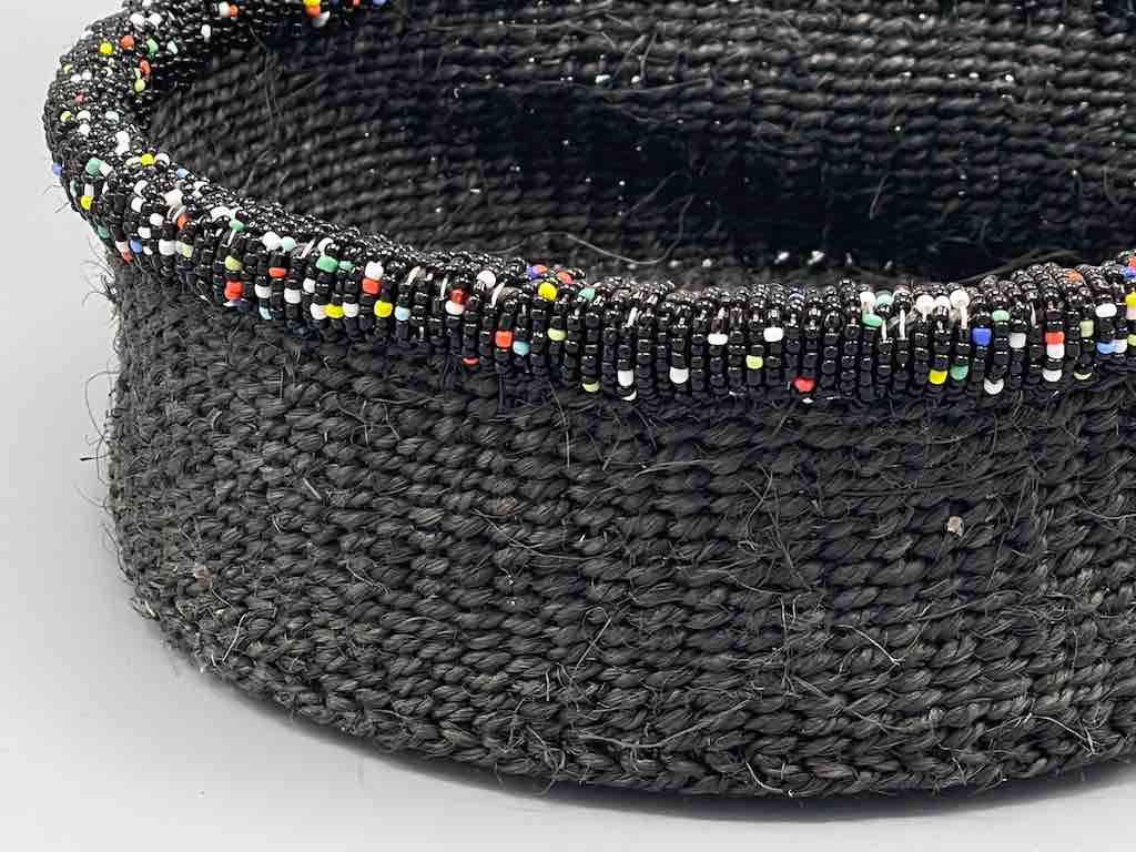 Black Bead Rim Shallow Black Sisal Round Basket - Kenya