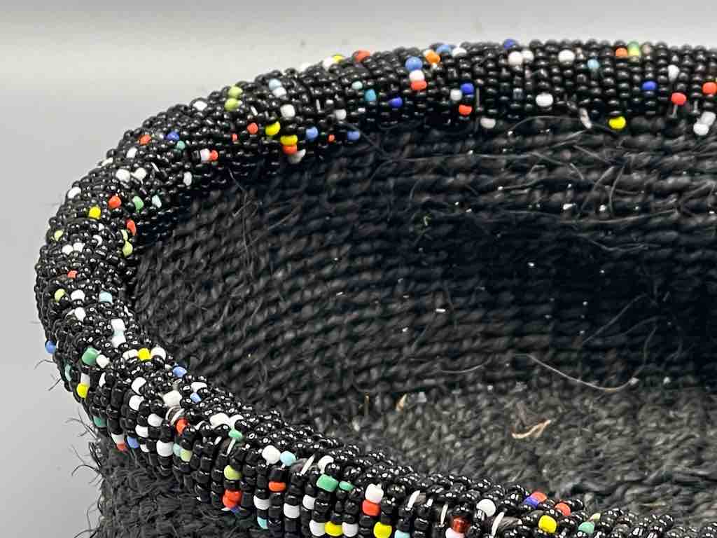Black Bead Rim Shallow Black Sisal Round Basket - Kenya