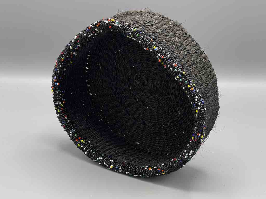 Black Bead Rim Shallow Black Sisal Round Basket - Kenya
