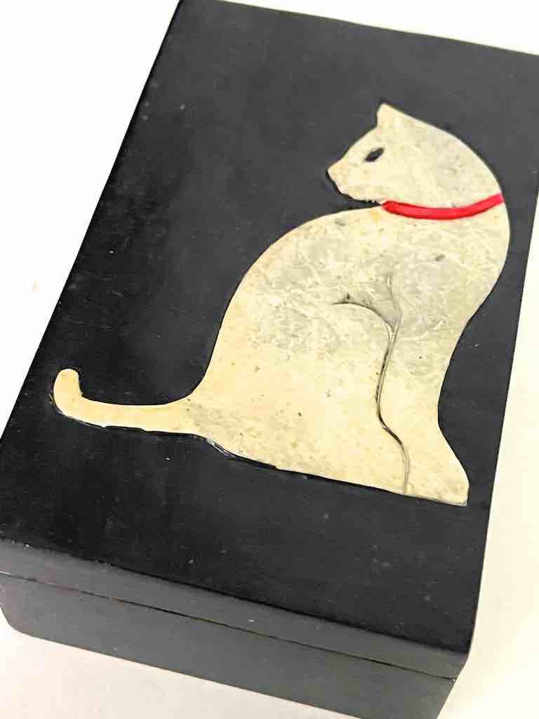 Cat Silhouette Design - Small Rectangle Soapstone Trinket Decor Box