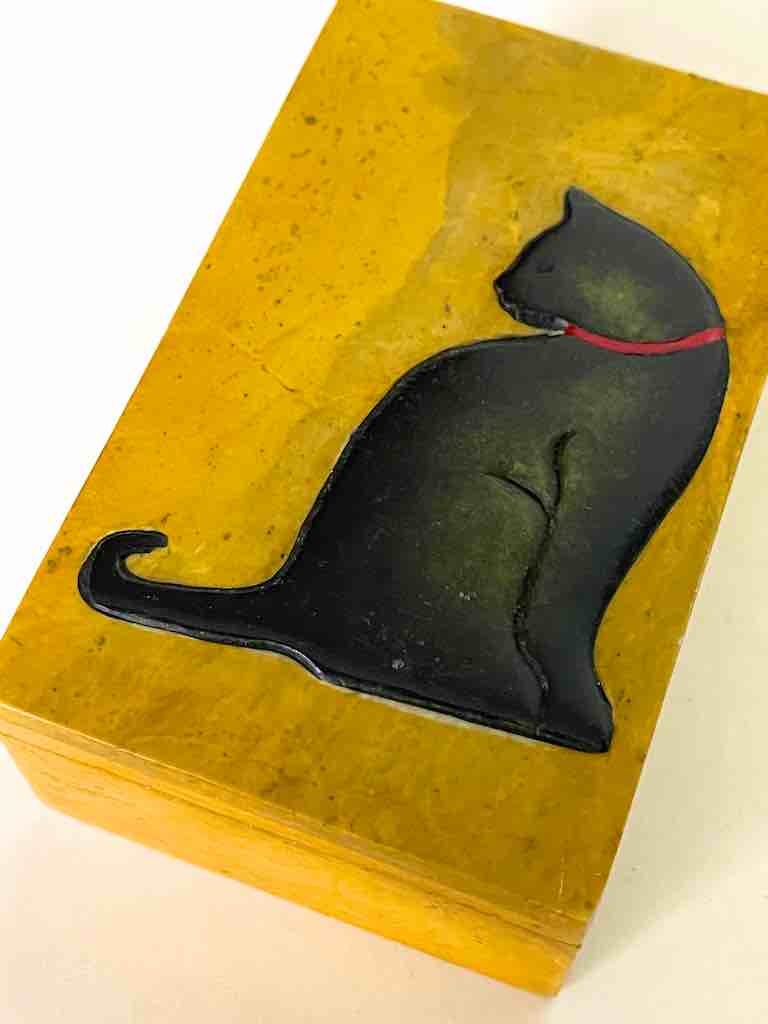Cat Silhouette Design - Small Rectangle Soapstone Trinket Decor Box