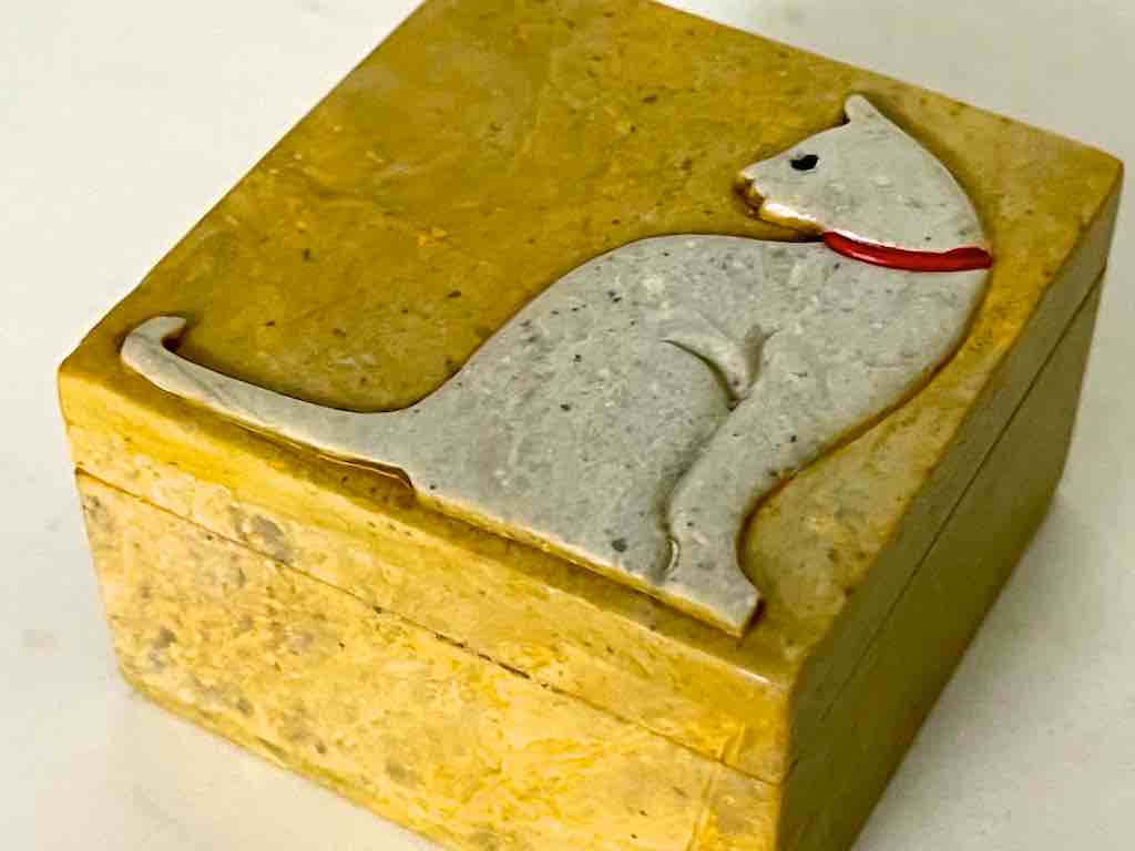 Cat Silhouette Design - Small Square Soapstone Trinket Decor Box