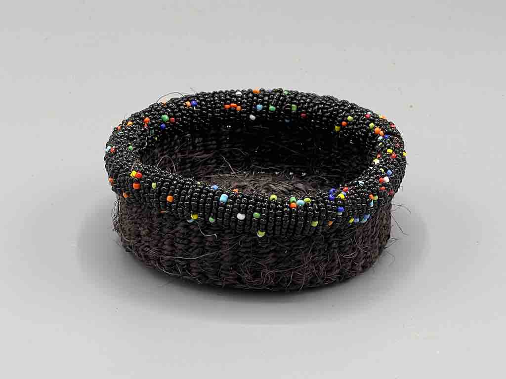 Black Bead Rim Shallow Black Sisal Round Basket - Kenya
