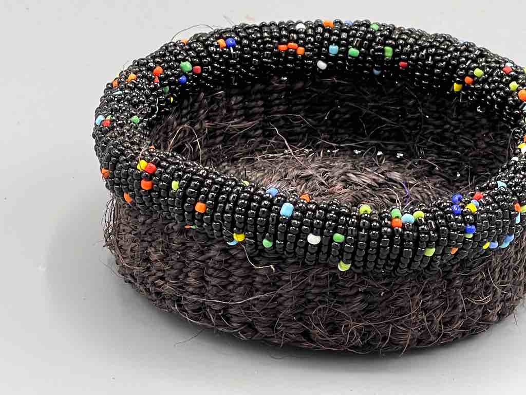 Black Bead Rim Shallow Black Sisal Round Basket - Kenya