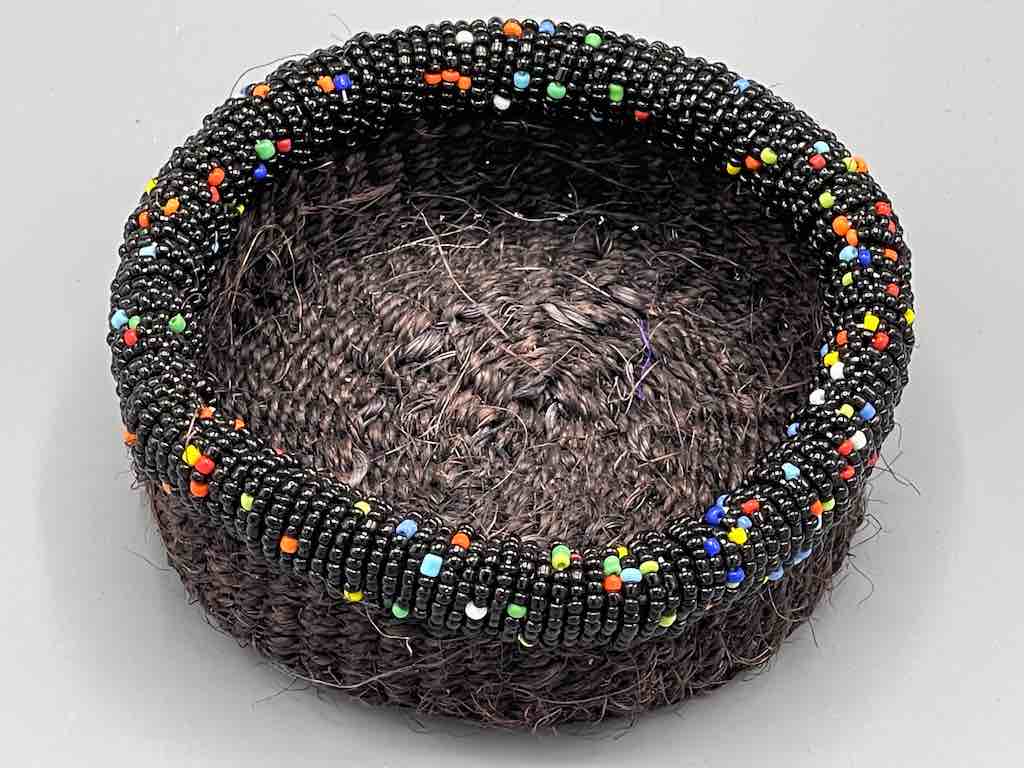 Black Bead Rim Shallow Black Sisal Round Basket - Kenya