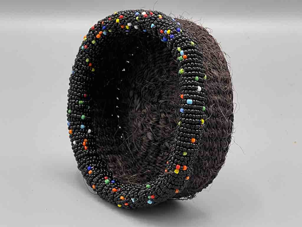 Black Bead Rim Shallow Black Sisal Round Basket - Kenya