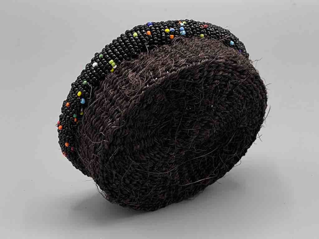 Black Bead Rim Shallow Black Sisal Round Basket - Kenya