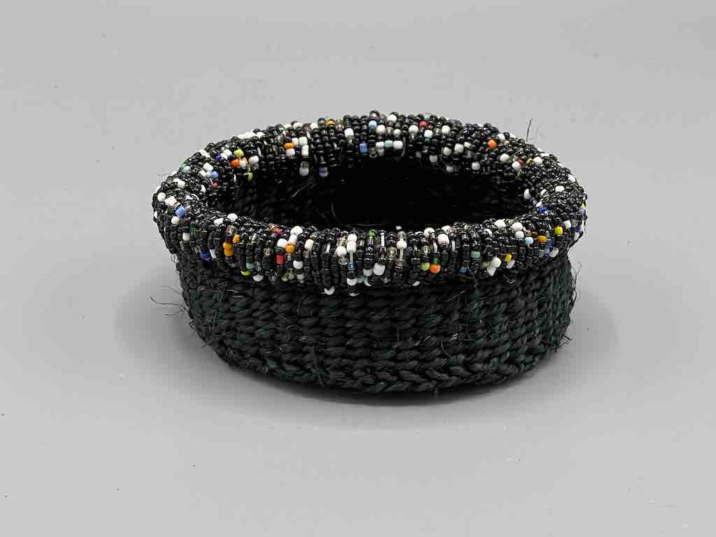 Black Bead Rim Shallow Black Sisal Round Basket - Kenya