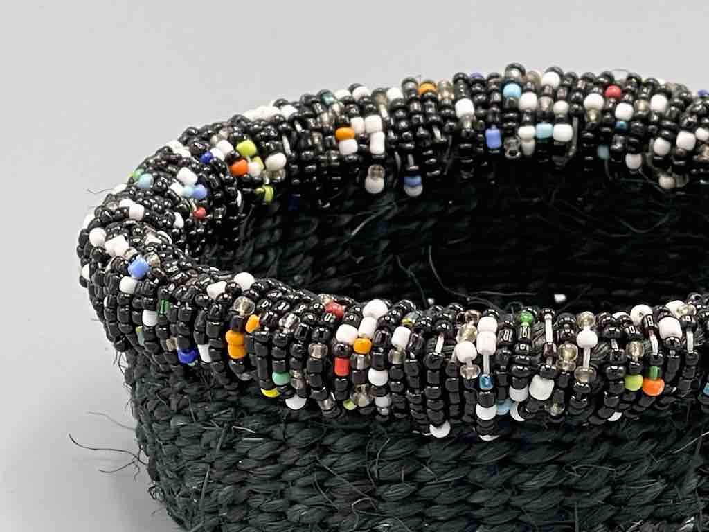 Black Bead Rim Shallow Black Sisal Round Basket - Kenya
