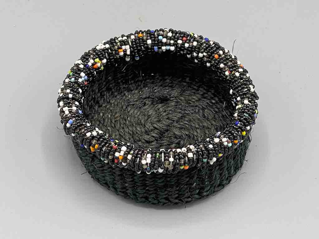 Black Bead Rim Shallow Black Sisal Round Basket - Kenya