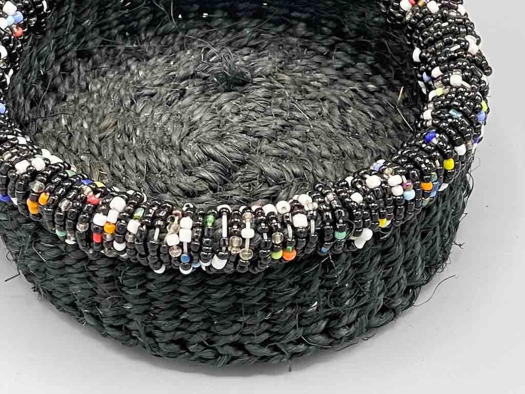 Black Bead Rim Shallow Black Sisal Round Basket - Kenya