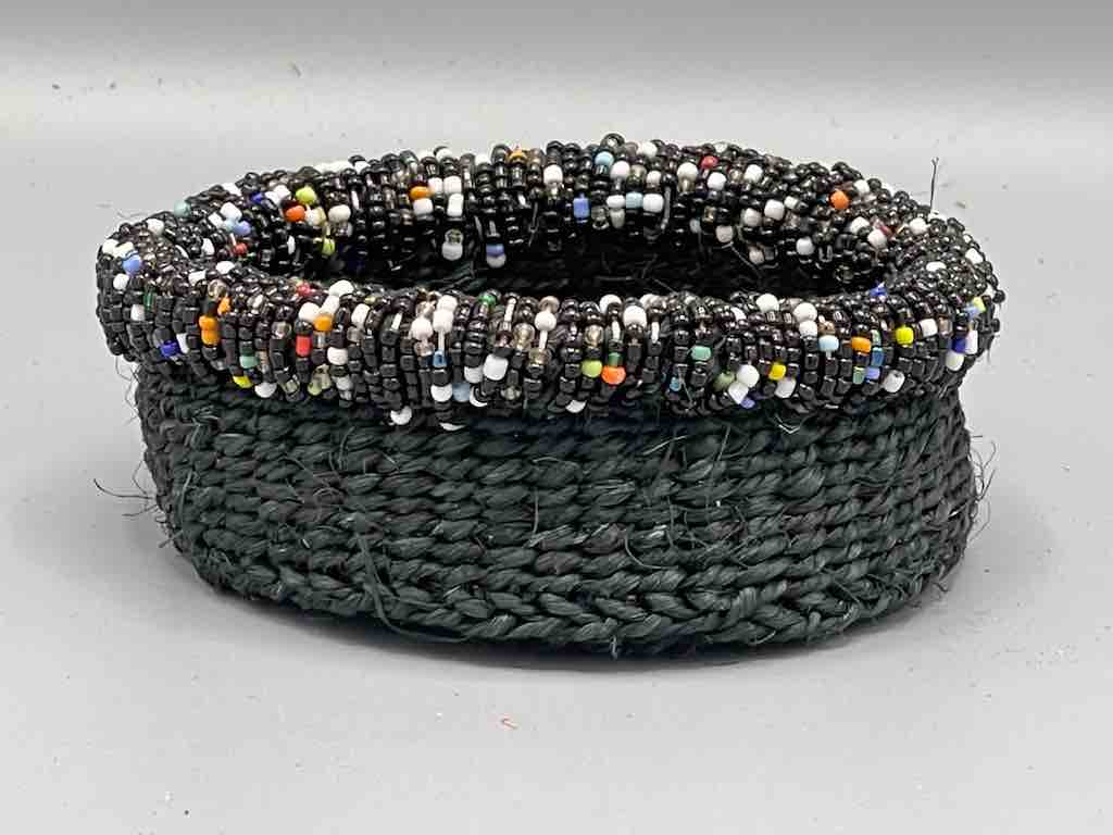 Black Bead Rim Shallow Black Sisal Round Basket - Kenya