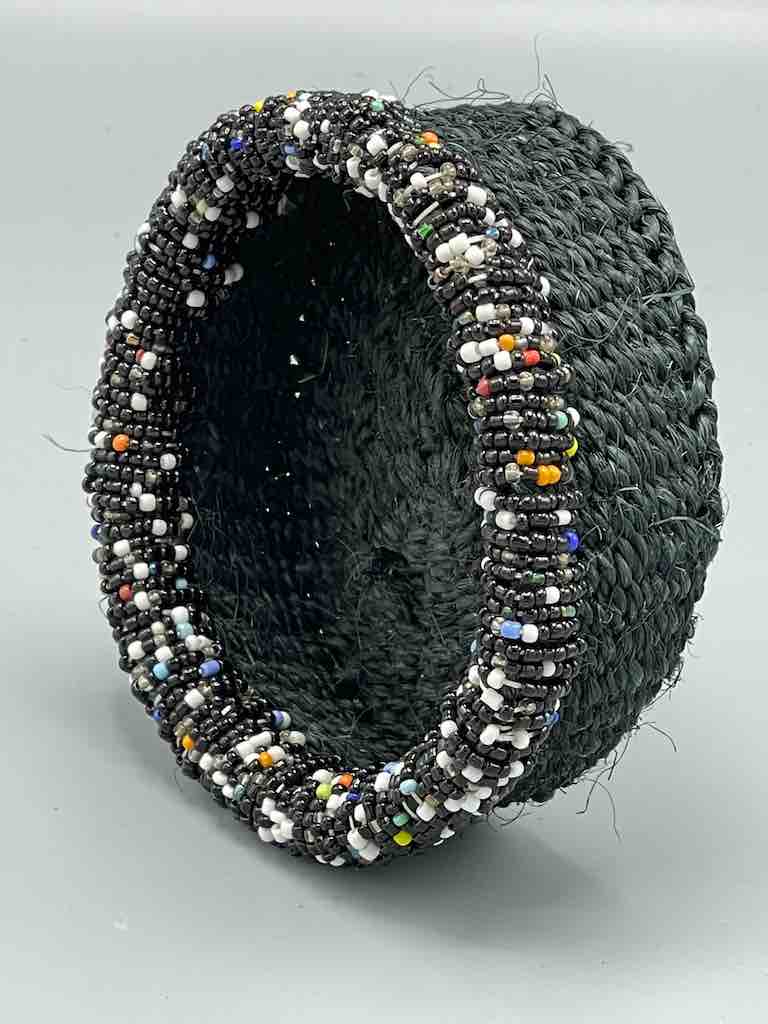 Black Bead Rim Shallow Black Sisal Round Basket - Kenya