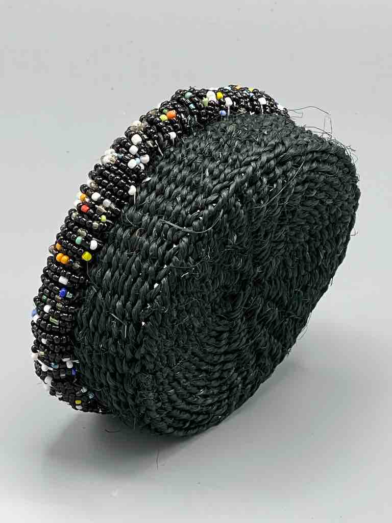 Black Bead Rim Shallow Black Sisal Round Basket - Kenya