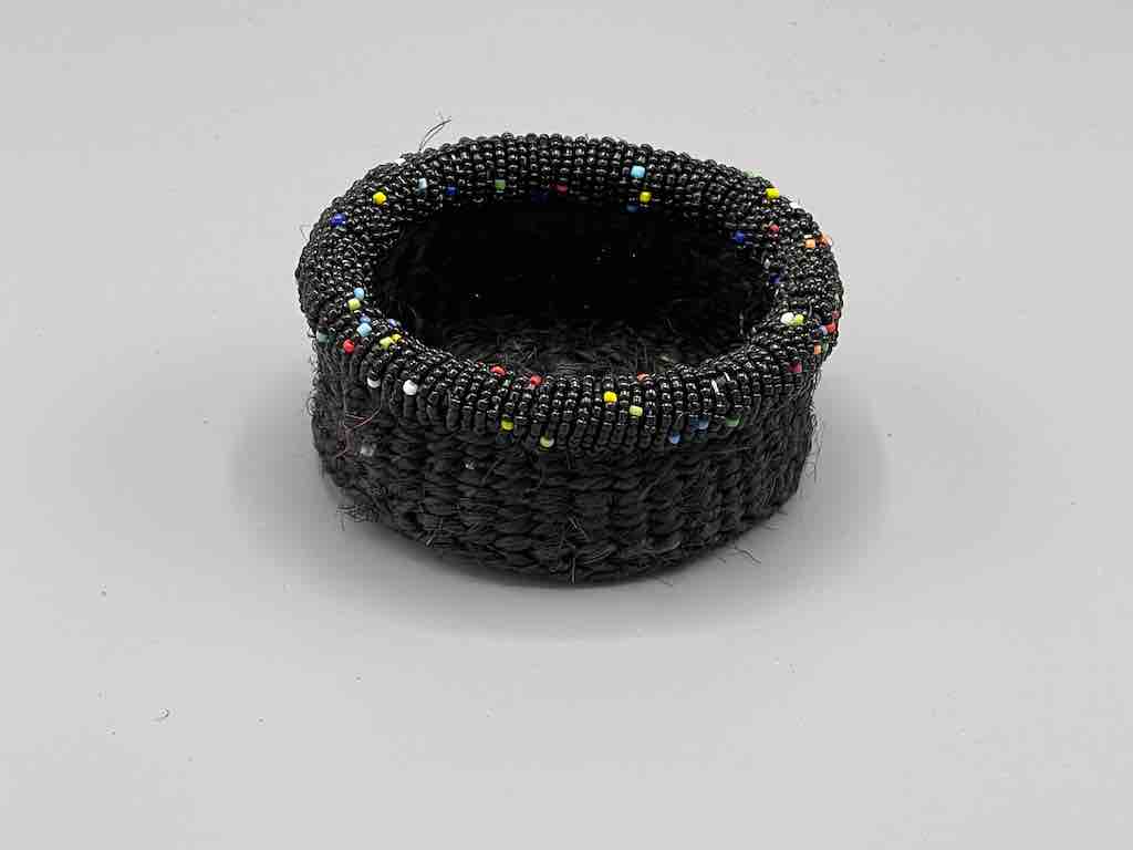 Black Bead Rim Shallow Black Sisal Round Basket - Kenya