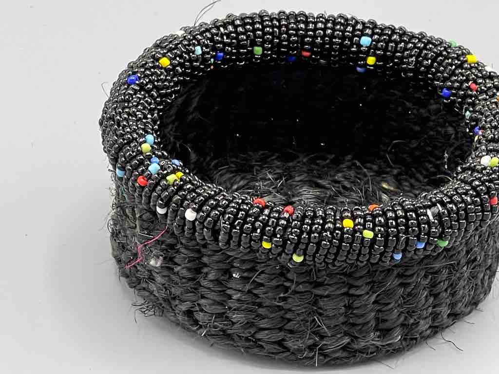 Black Bead Rim Shallow Black Sisal Round Basket - Kenya