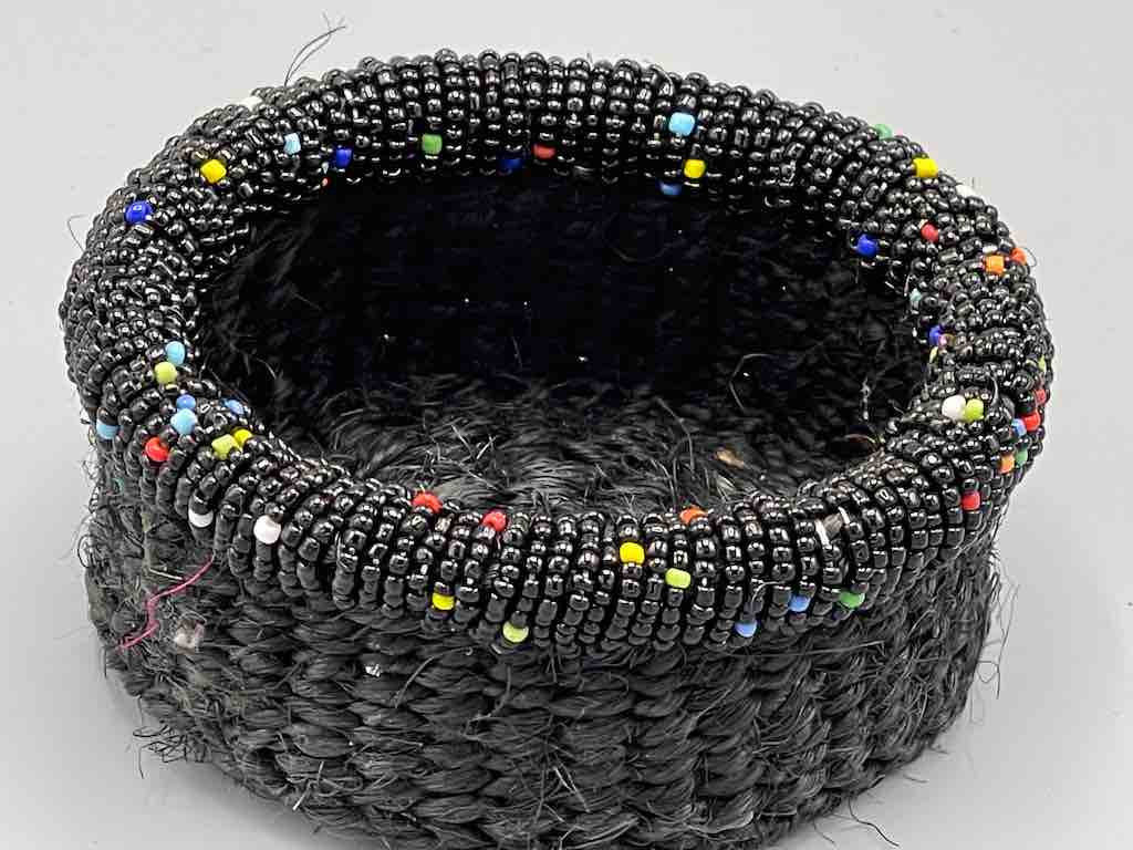 Black Bead Rim Shallow Black Sisal Round Basket - Kenya