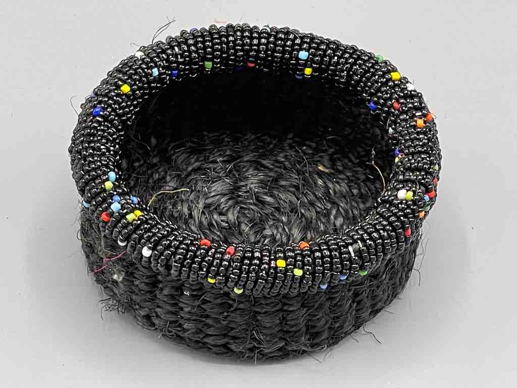 Black Bead Rim Shallow Black Sisal Round Basket - Kenya