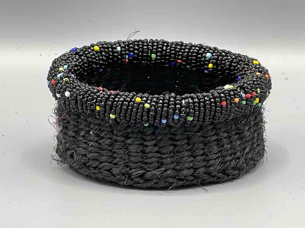 Black Bead Rim Shallow Black Sisal Round Basket - Kenya