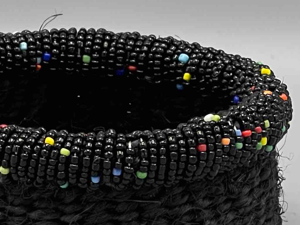 Black Bead Rim Shallow Black Sisal Round Basket - Kenya