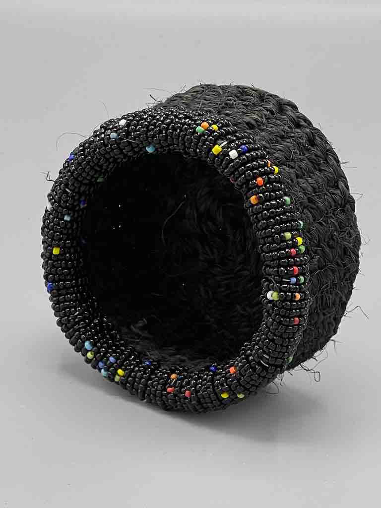 Black Bead Rim Shallow Black Sisal Round Basket - Kenya