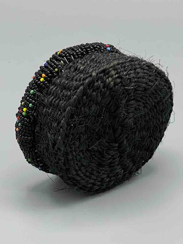 Black Bead Rim Shallow Black Sisal Round Basket - Kenya