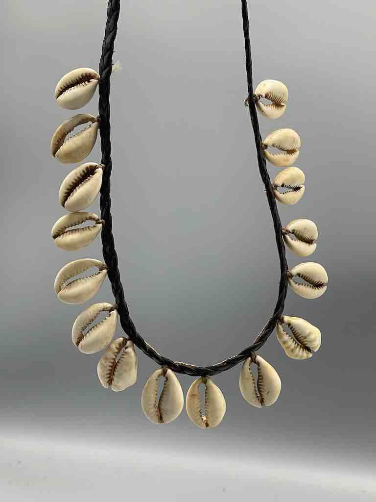 Hanging Cowrie Shell Braided Black Leather Clasp Long Necklace - Mali